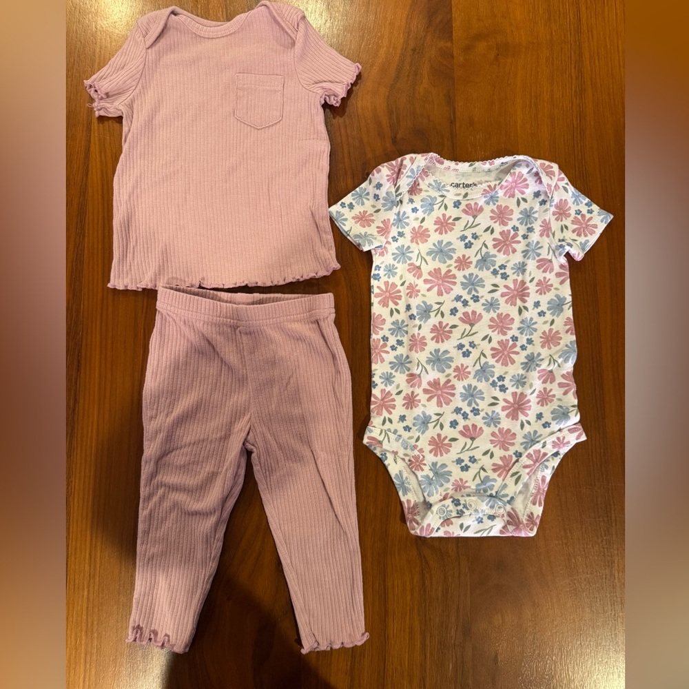 Carter’s Purple Ribbed Outfit and Floral Onesie Set